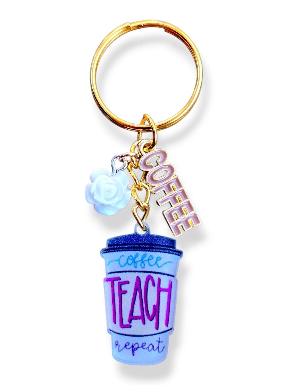 Teacher Coffee Tumbler Keychain ☆ Blossom White Charm Goldtone Keyholder